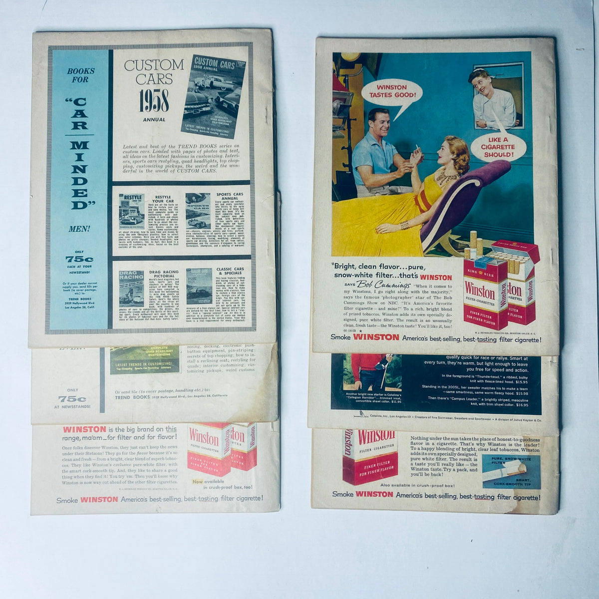 Advertisements from Motor Life Magazine 1958, including promotional content for Custom Cars and Winston cigarettes, highlighting mid-century marketing techniques.