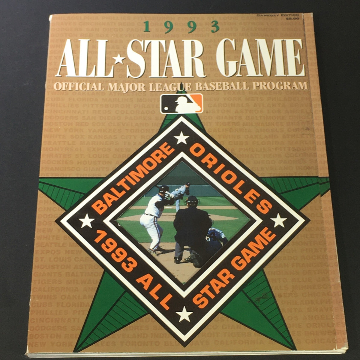 VTG MLB Official Program 1993 All Star Game featuring the Baltimore Orioles and Dennis Martinez, showcasing a baseball scene with players in action on the cover, highlighting the event information and design elements.