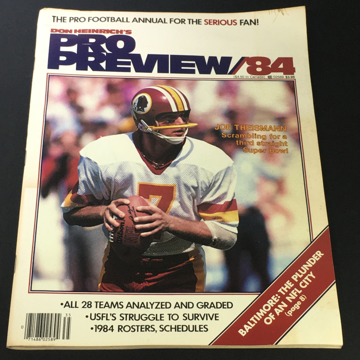 VTG NFL Don Heinrich's Pro Preview Magazine 1984 featuring Joe Theismann on the cover, showcasing a football player in action, highlighting his career and contributions to the NFL.