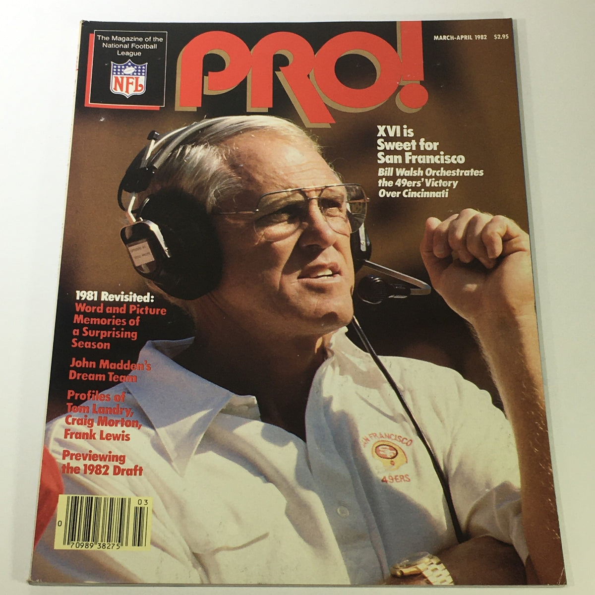 VTG NFL Pro Magazine March-April 1982 cover featuring Coach Bill Walsh, showcasing his strategies for the 49ers' victory. Classic football collectible detailing the early 1980s NFL season.
