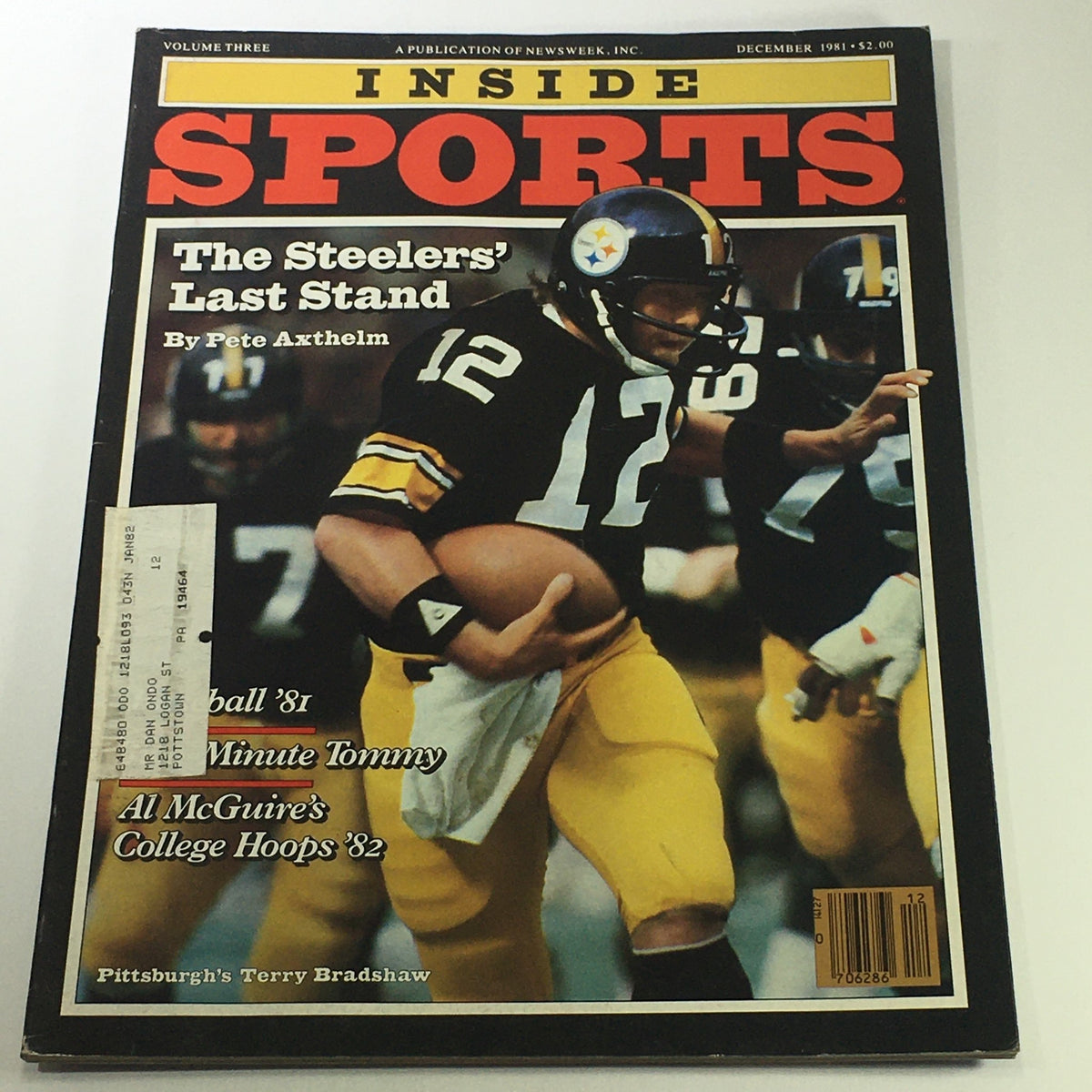 Inside Sports Magazine December 1981 featuring Pittsburgh's Terry Bradshaw on the cover, showcasing the iconic quarterback in his football uniform during a pivotal sports era.