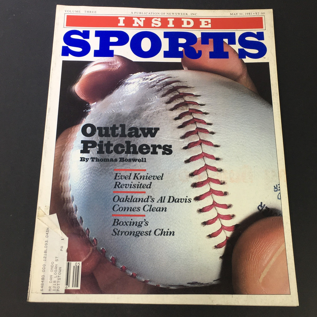 Front cover of Inside Sports Magazine dated May 31, 1981, featuring Evel Knievel and Oakland's Al Davis with a prominent baseball image. The title highlights 'Outlaw Pitchers' and includes topics on Knievel, Al Davis, and boxing.