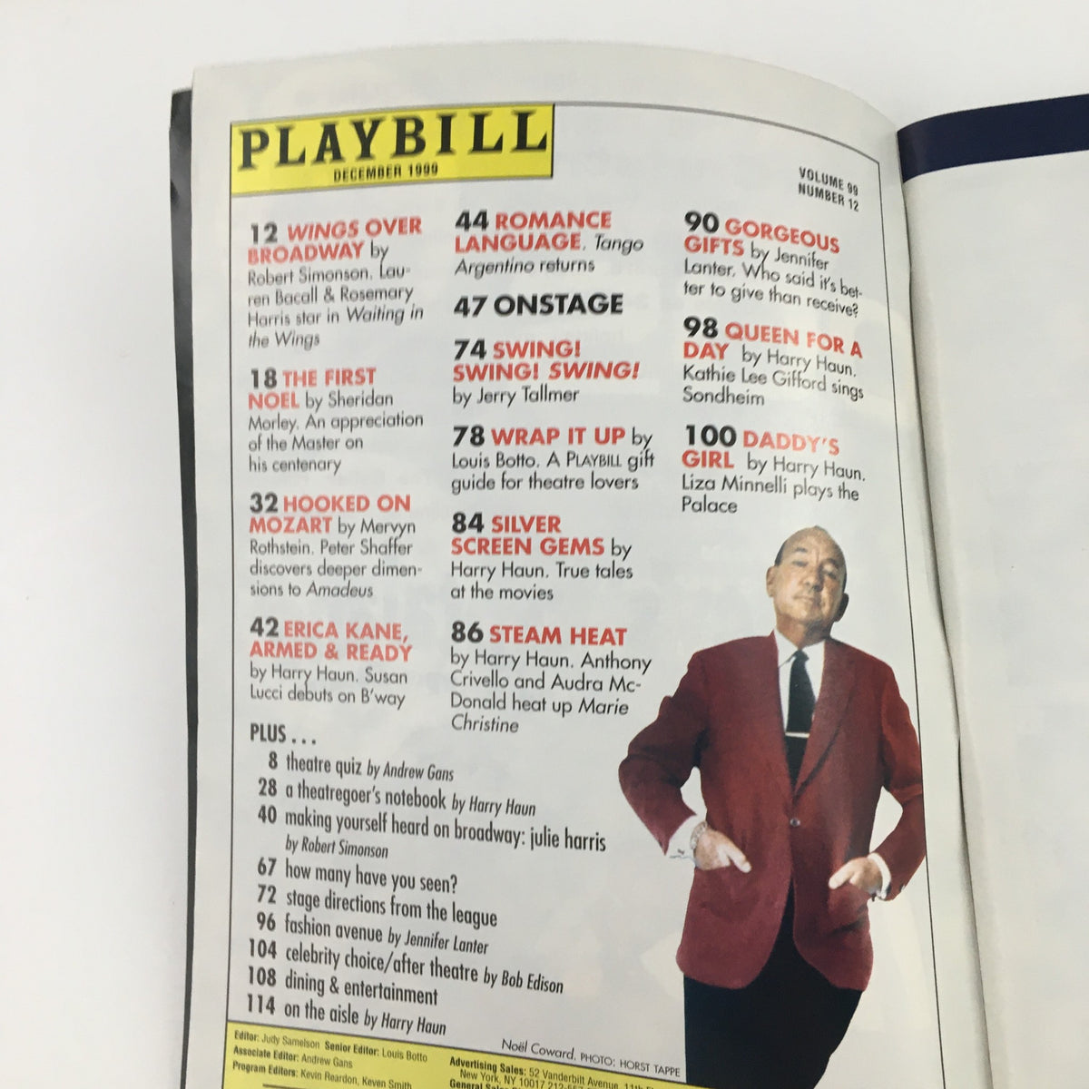 Inside page of the 1999 Playbill for The Blue Angel Present Our Sinatra: A Musical Celebration, showcasing the table of contents with various performances listed.