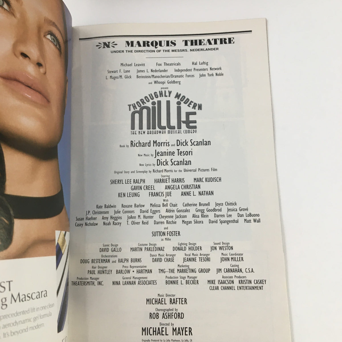 Inside page of the 2002 Playbill for Thoroughly Modern Millie at the Marquis Theatre, showcasing cast and crew credits along with creative team details.