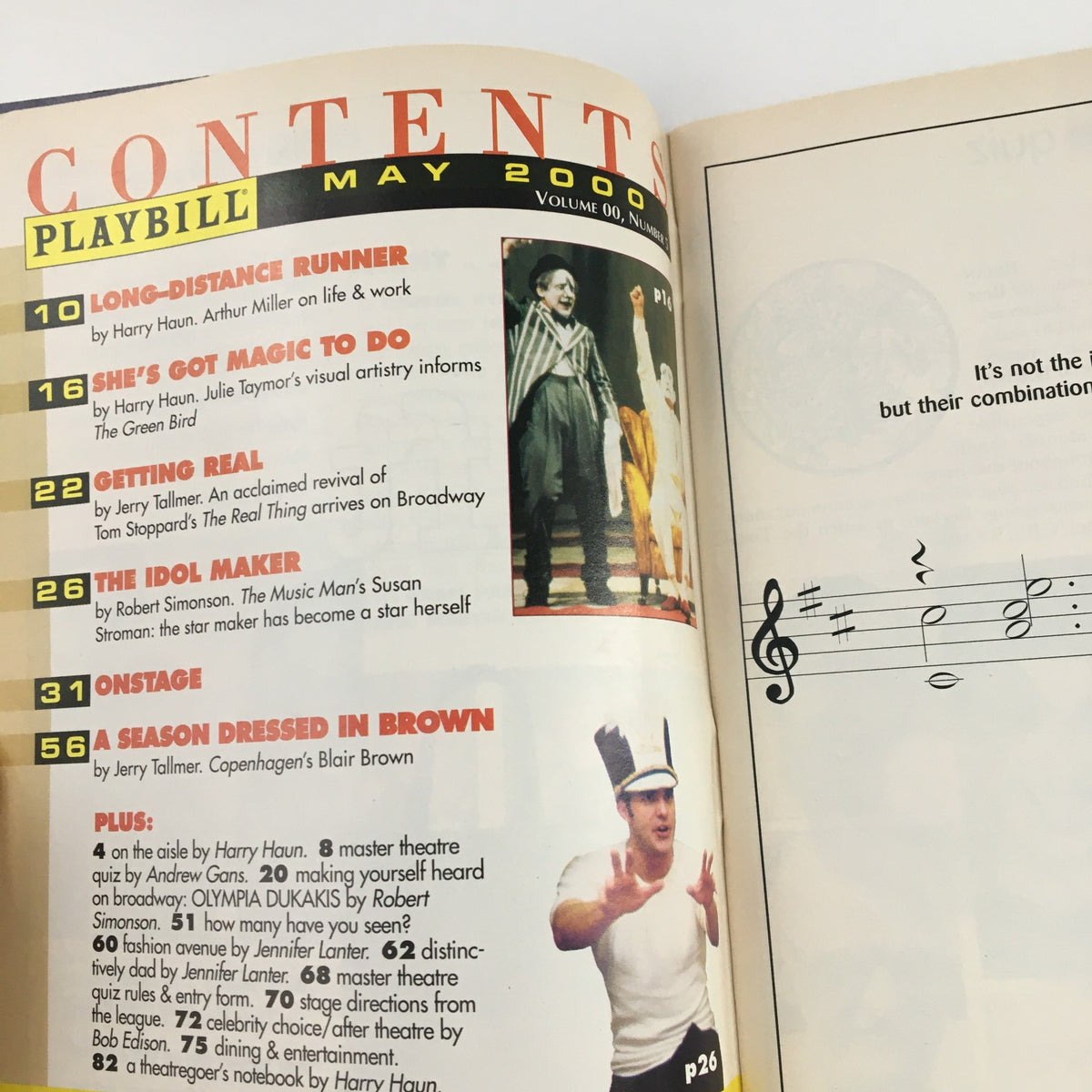 Interior contents page of the 2000 Playbill for Taller Than A Dwarf, detailing articles and features from May 2000.