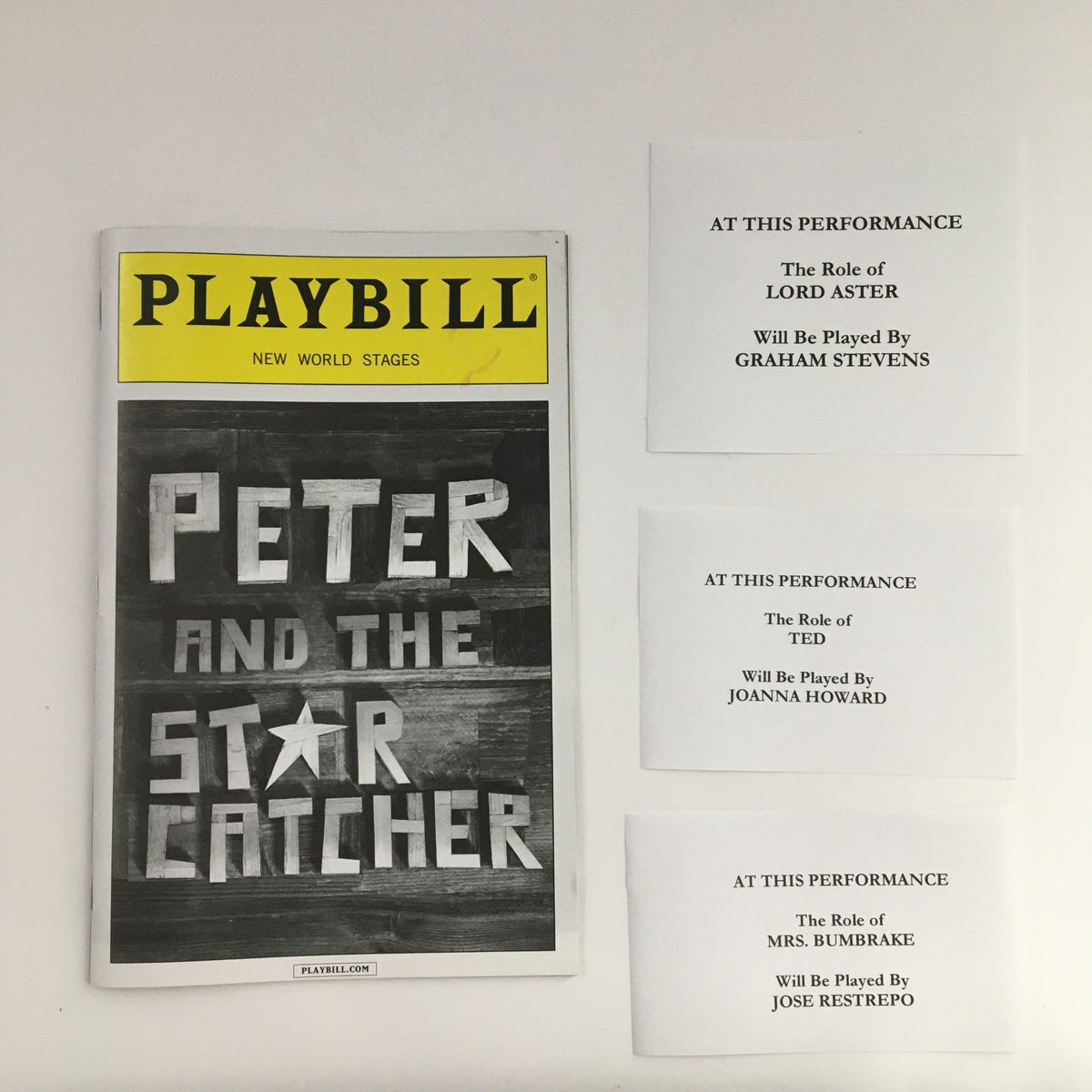 2013 Playbill for 'Peter and the Star Catcher' presented at New World Stages, featuring the program cover and cast role cards.