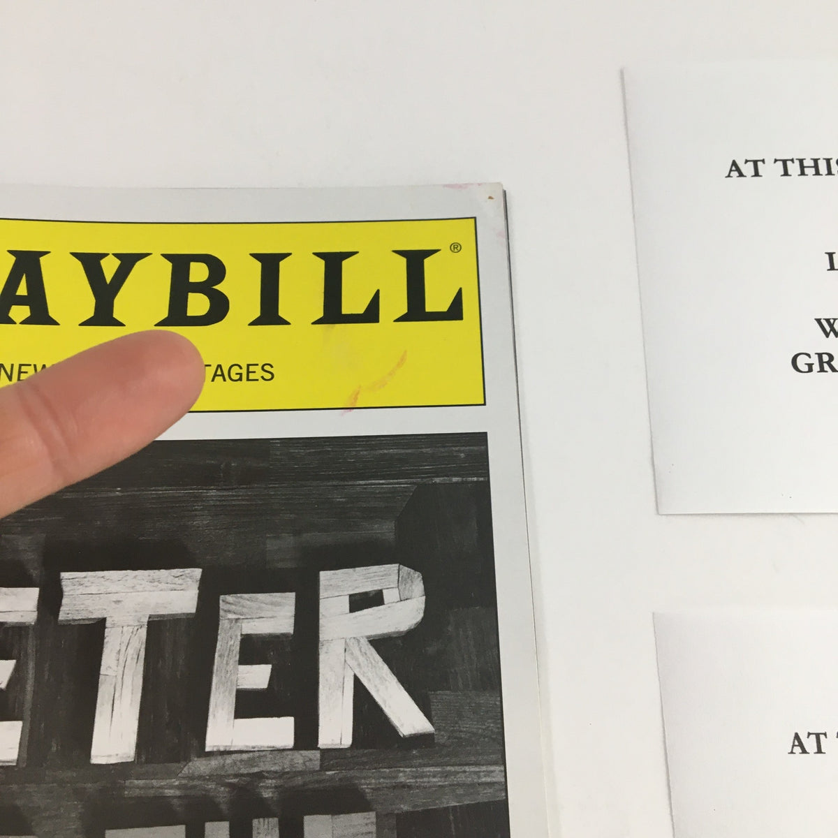 Close-up of the 2013 Playbill for 'Peter and the Star Catcher' at New World Stages, highlighting the logo and minor wear.