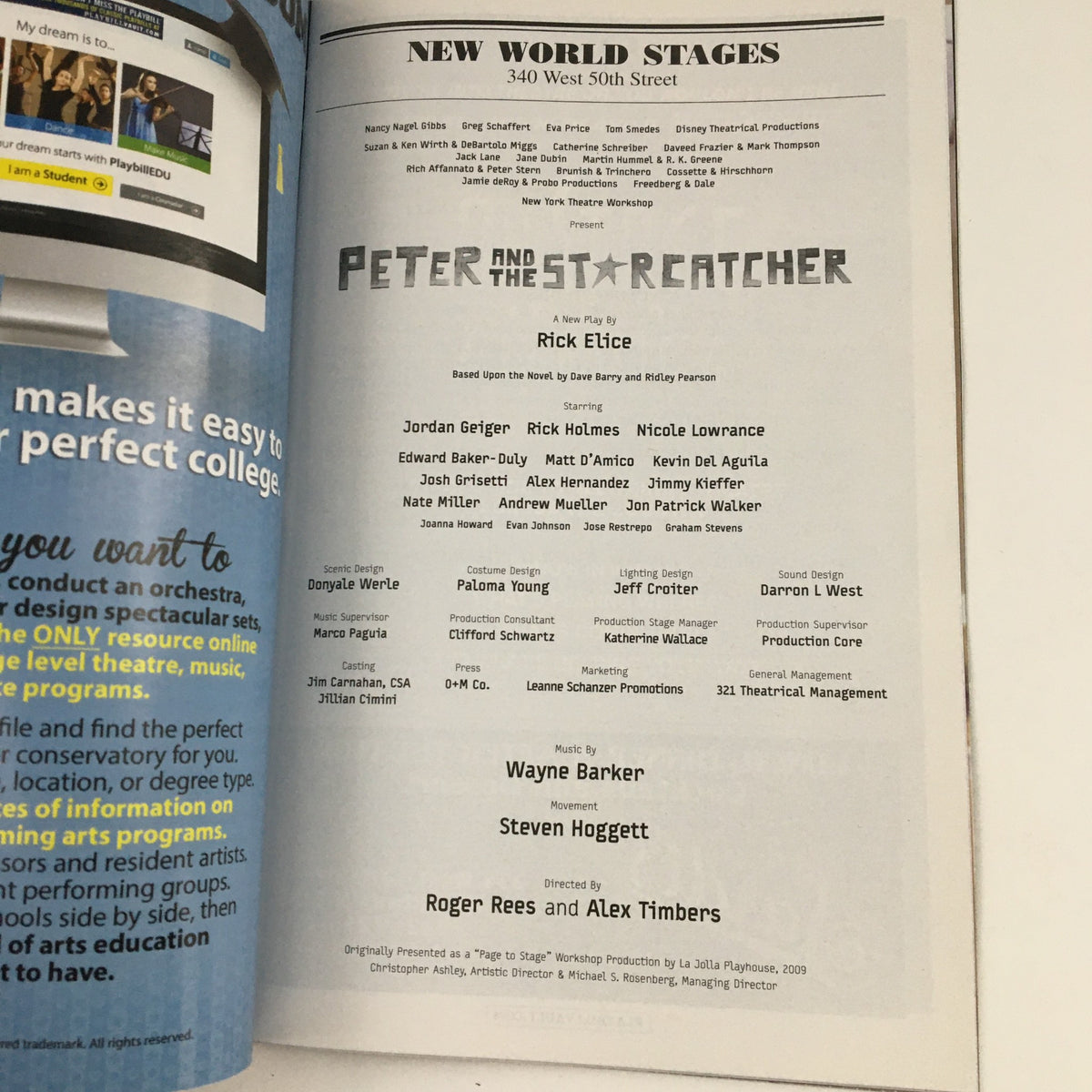 Production details page from the 2013 Playbill for 'Peter and the Star Catcher,' including cast and creative team information.