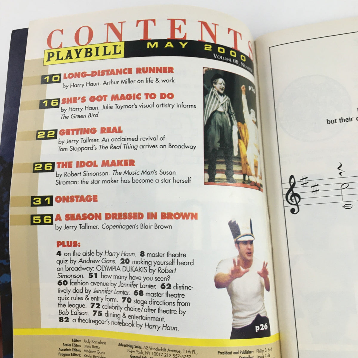 Inside page of the 2000 Playbill featuring the contents section, highlighting upcoming performances and articles, related to 'Copenhagen' at Royale Theatre.