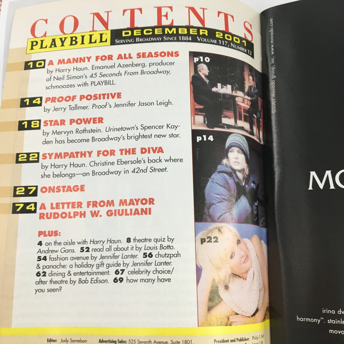 Interior page of the 2001 Playbill for December, showcasing the contents of the playbill, including featured articles and listings.