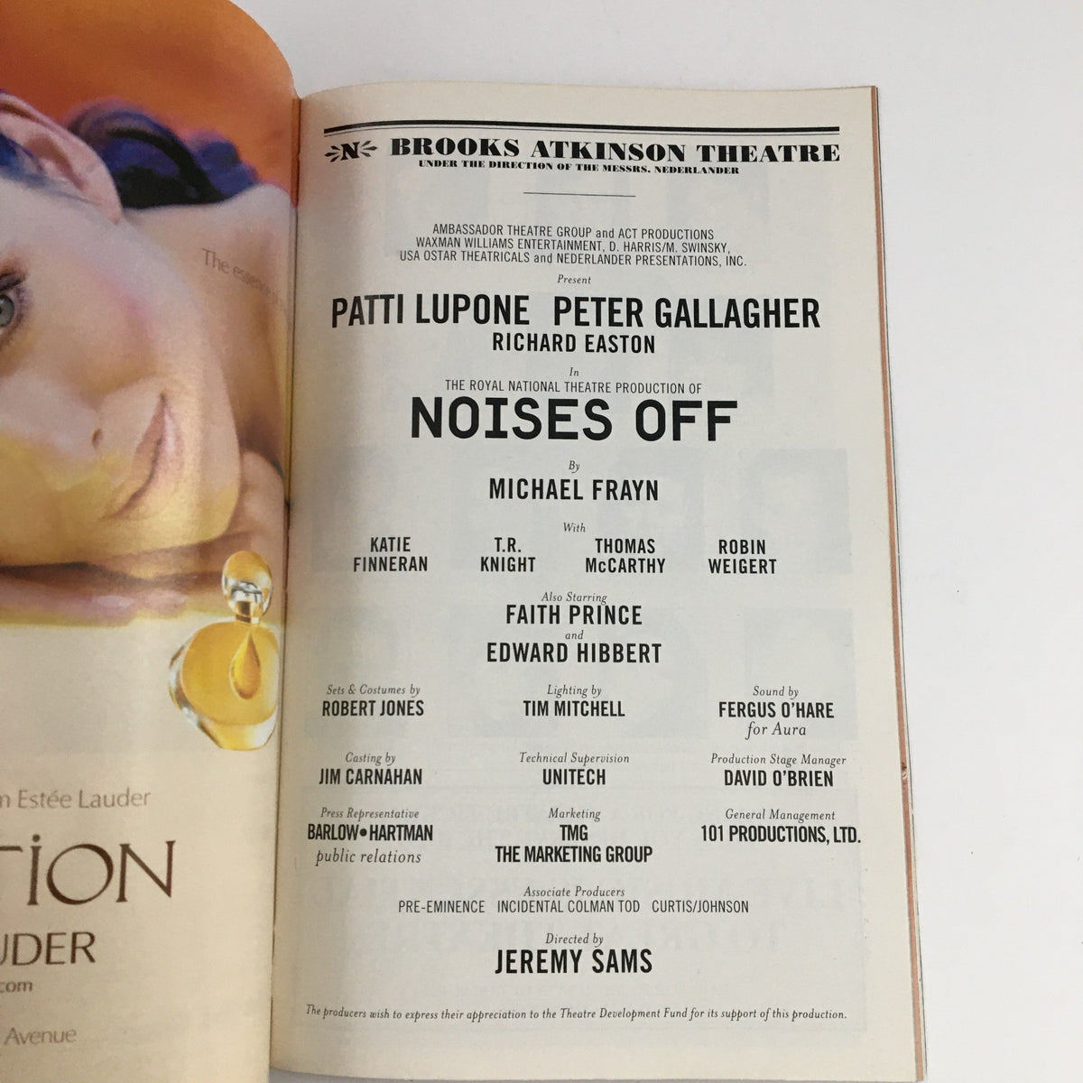 Page from the 2001 Playbill from Brooks Atkinson Theatre detailing the cast and crew of Noises Off, featuring Patti LuPone.