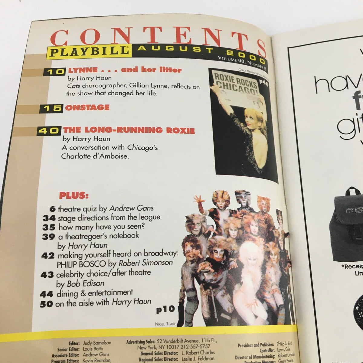 Interior page of the 2000 Playbill for The Music Man showcasing the table of contents with articles including 'The Long-Running Roxie'.