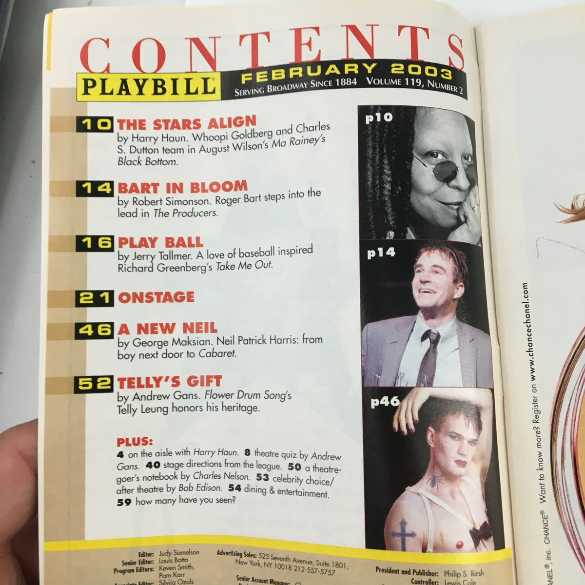 Inside contents page of the 2003 Playbill for Rodgers & Hammerstein's Oklahoma! detailing the features and articles from February 2003.