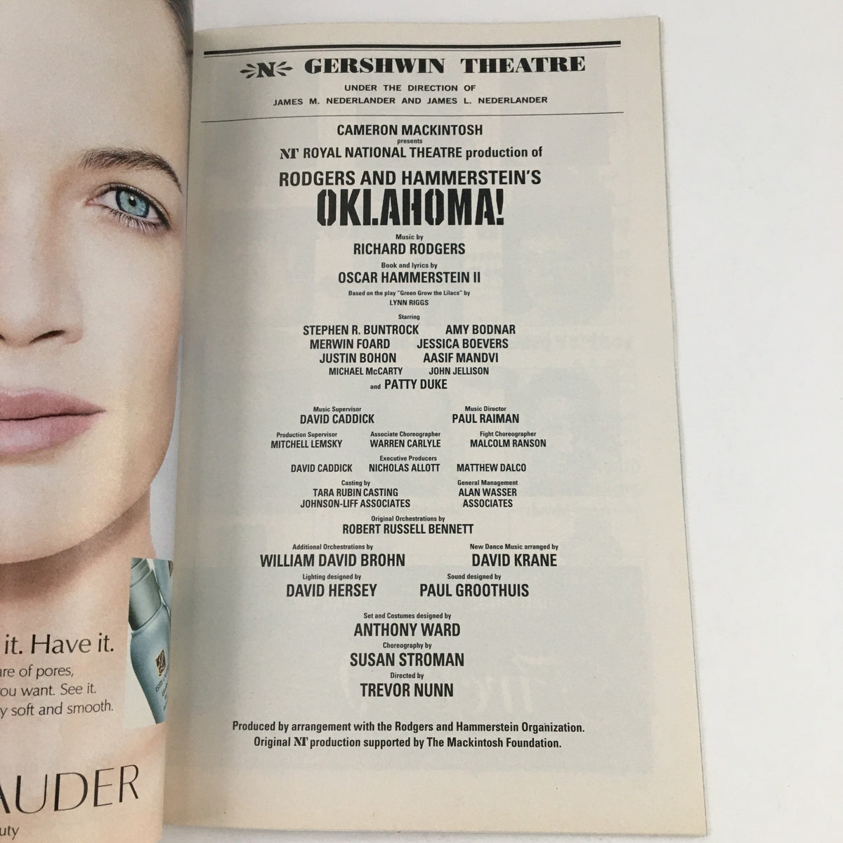 Interior page of the 2003 Playbill for Rodgers & Hammerstein's Oklahoma! at the Gershwin Theatre, showcasing cast and production credits.