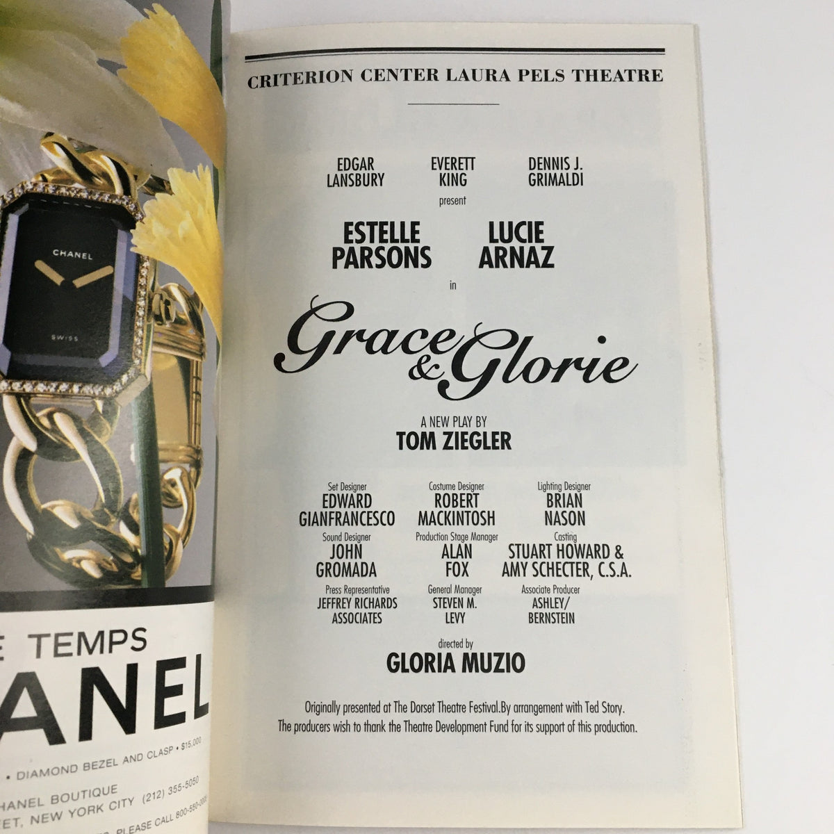 Page from the 1996 Playbill for Roundabout Theatre Company highlighting Lucie Arnaz in Grace & Glorie, including cast names and play details.