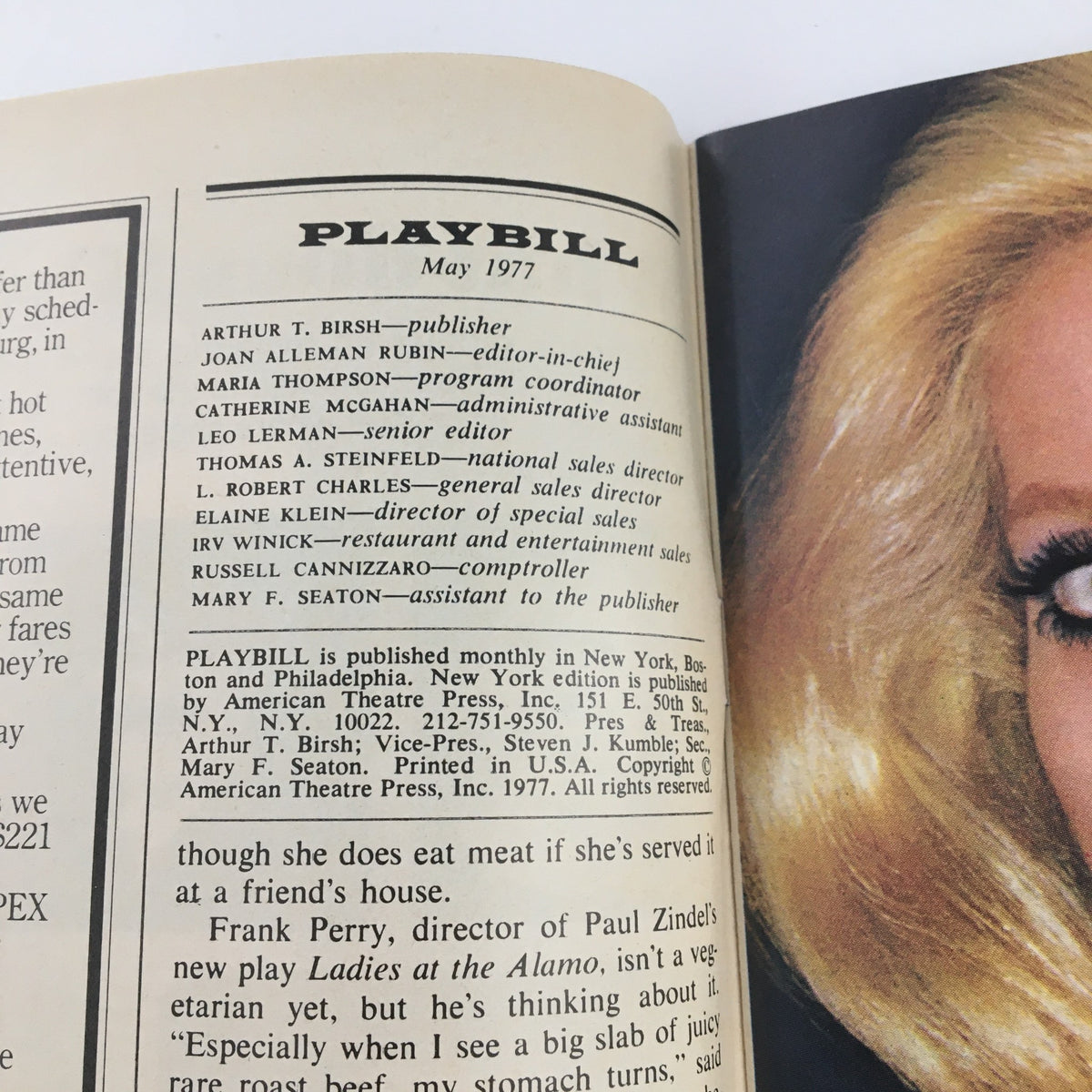 Inside the 1977 Playbill for Imperial Theatre highlighting the publication details, including contributors and editorial staff.