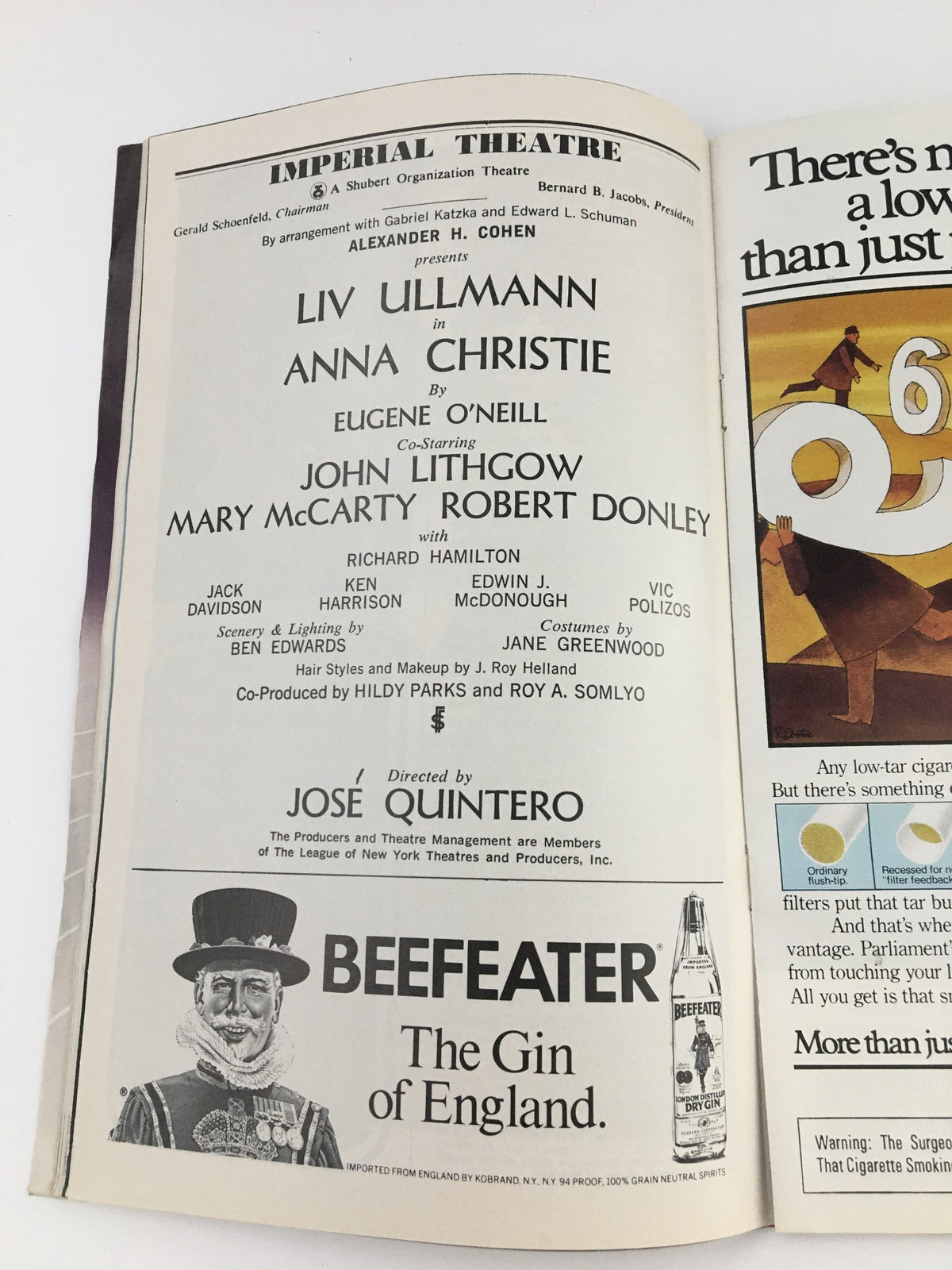 Another page from the 1977 Playbill for Imperial Theatre, displaying cast information for Liv Ullman in Anna Christie and advertisement for Beefeater gin.