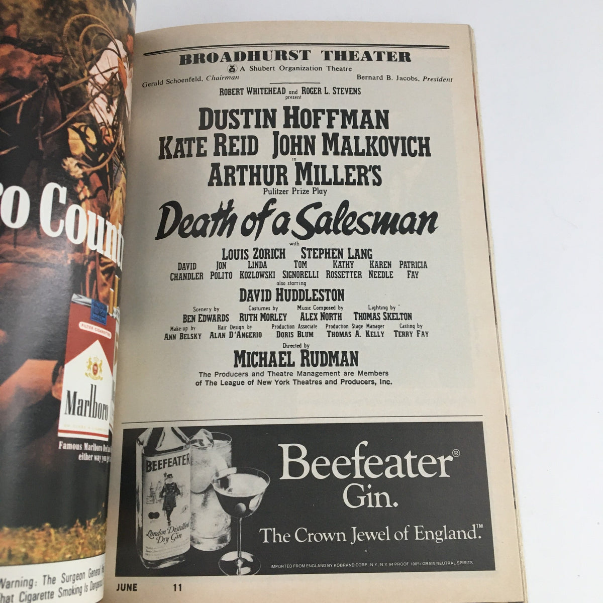 The cast and crew details from the 1984 Playbill for 'Death of a Salesman' at Broadhurst Theatre, starring Dustin Hoffman.