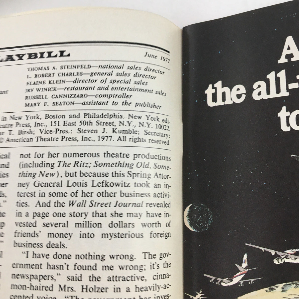 Inside page of the 1977 Playbill for The Shadow Box showing credits and contributors, dated June 1977.