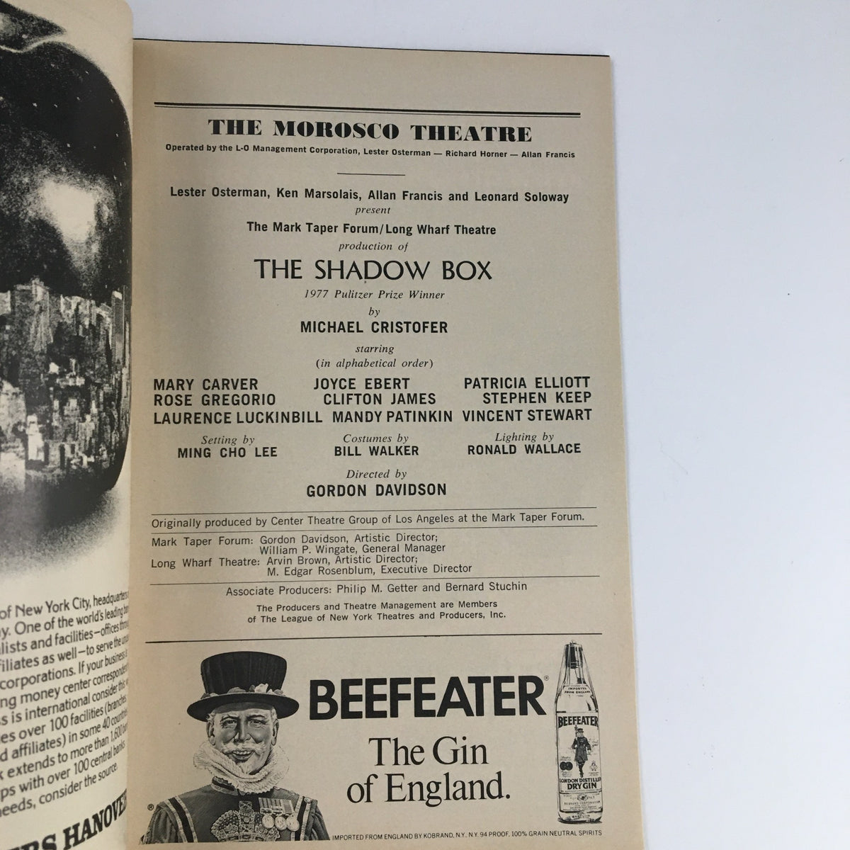 Inside page of the 1977 Playbill for The Shadow Box detailing cast, production credits, and advertisement.
