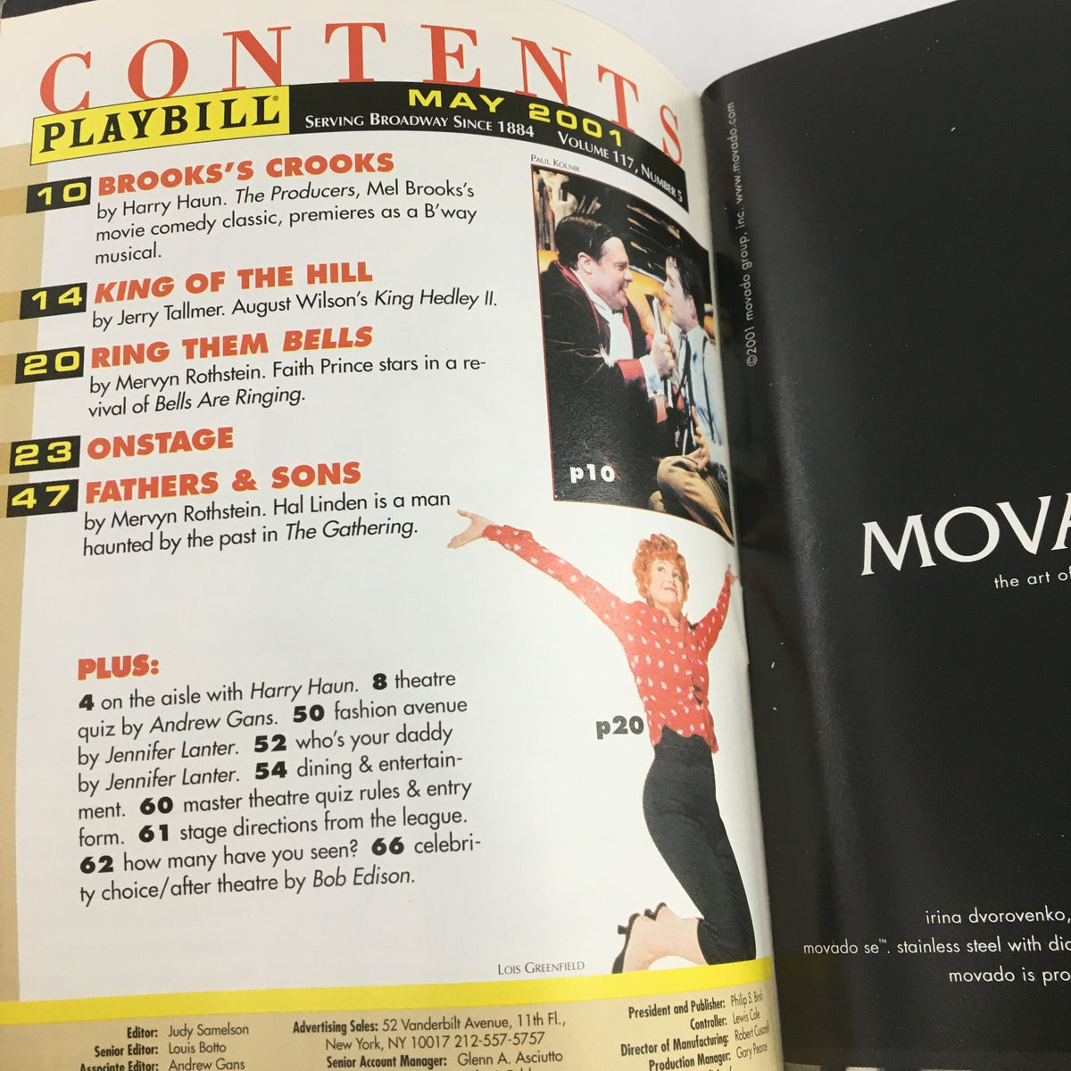 Contents page from the May 2001 Playbill, including features on Brooks' Crooks and Hal Linden in The Gathering.