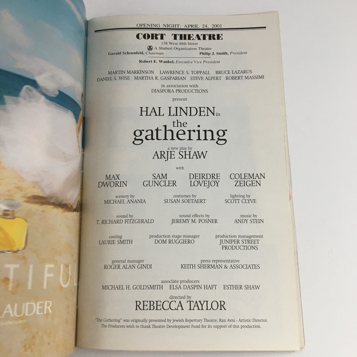 2001 Playbill for 'The Gathering' featuring Hal Linden, showcasing the cast and production details from the Cort Theatre's opening night on April 24, 2001.