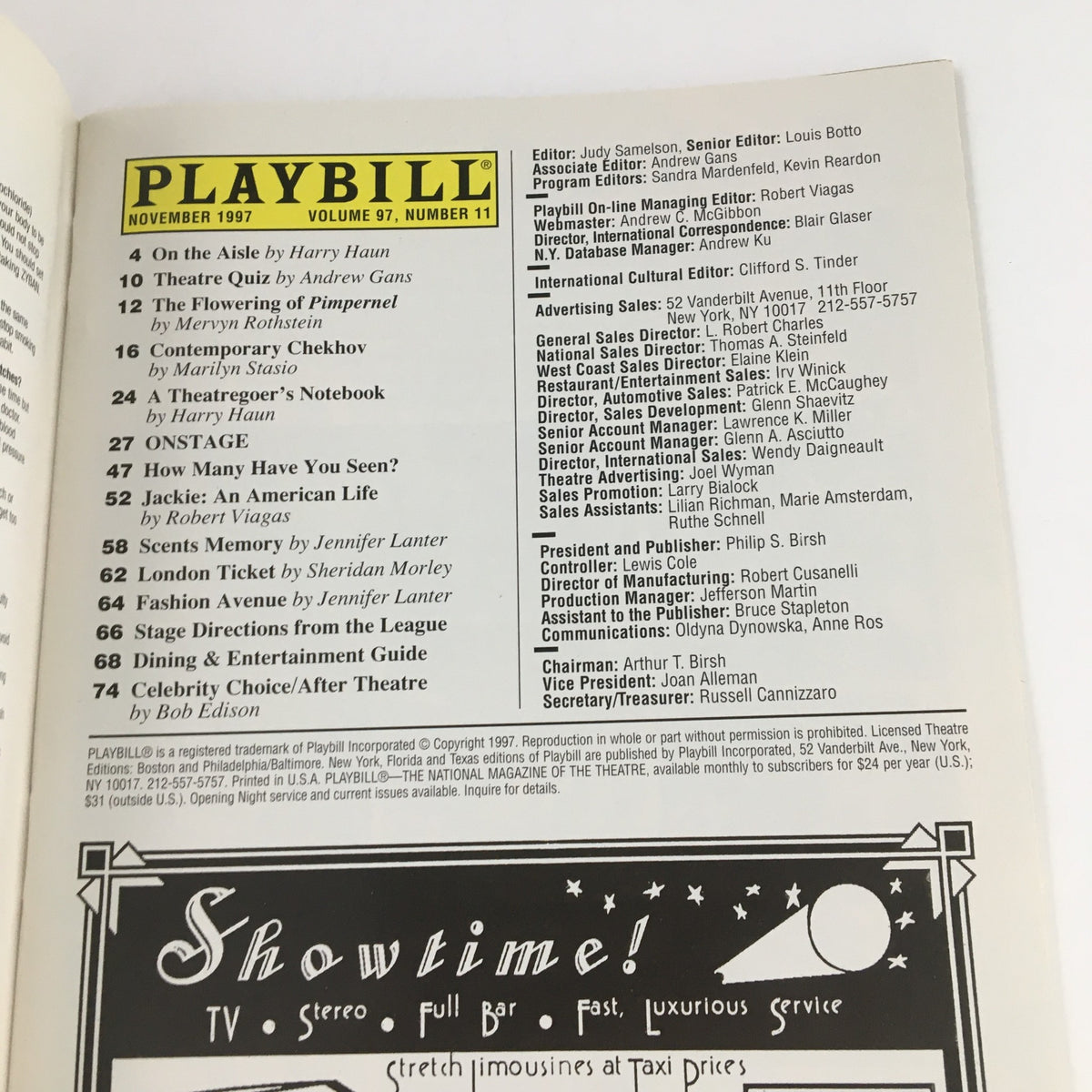 Inside view of the November 1997 Playbill for The Scarlet Pimpernel detailing production information and cast members.