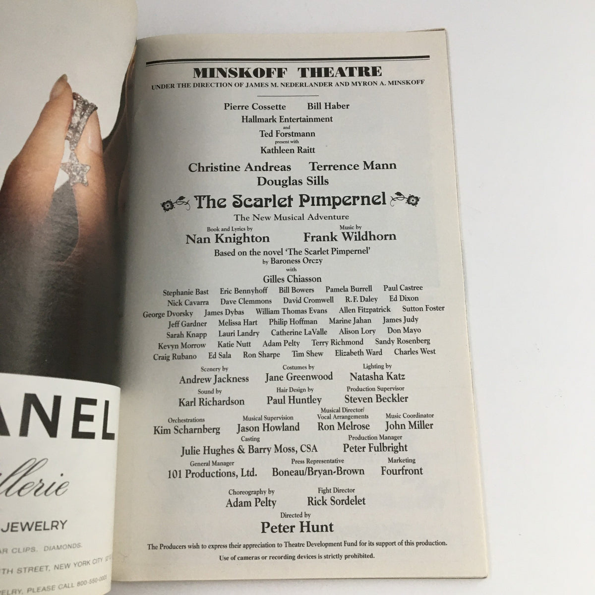 Page showcasing the Minskoff Theatre credits in the 1997 Playbill for The Scarlet Pimpernel, including production and directing details.
