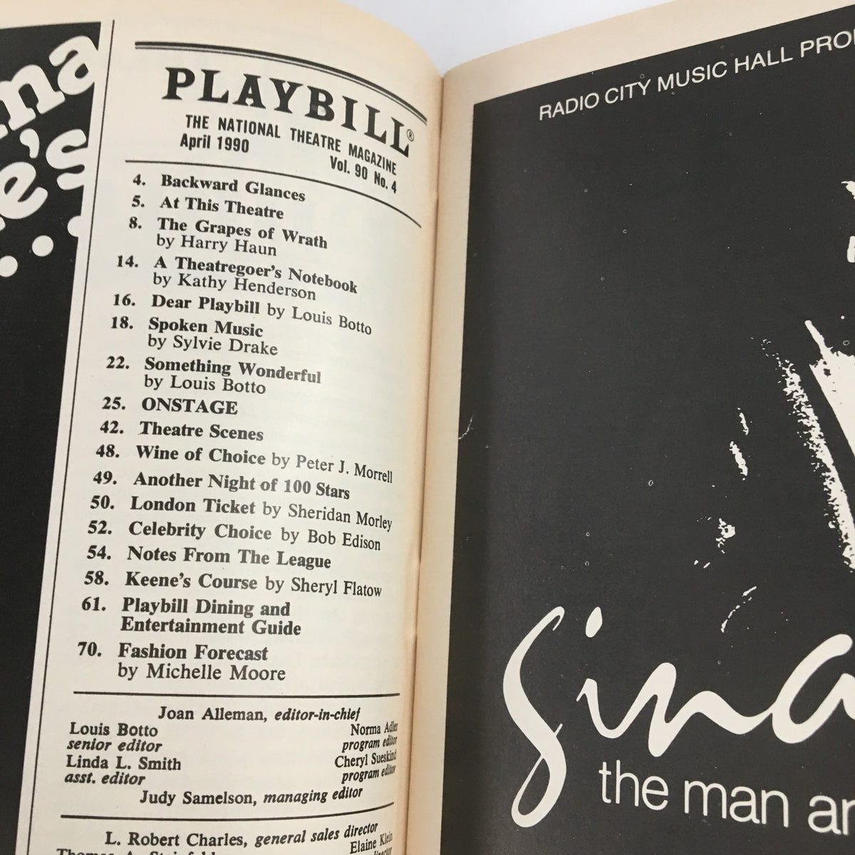 Inside page of a April 1990 Playbill showing articles and features from the National Theatre Magazine.