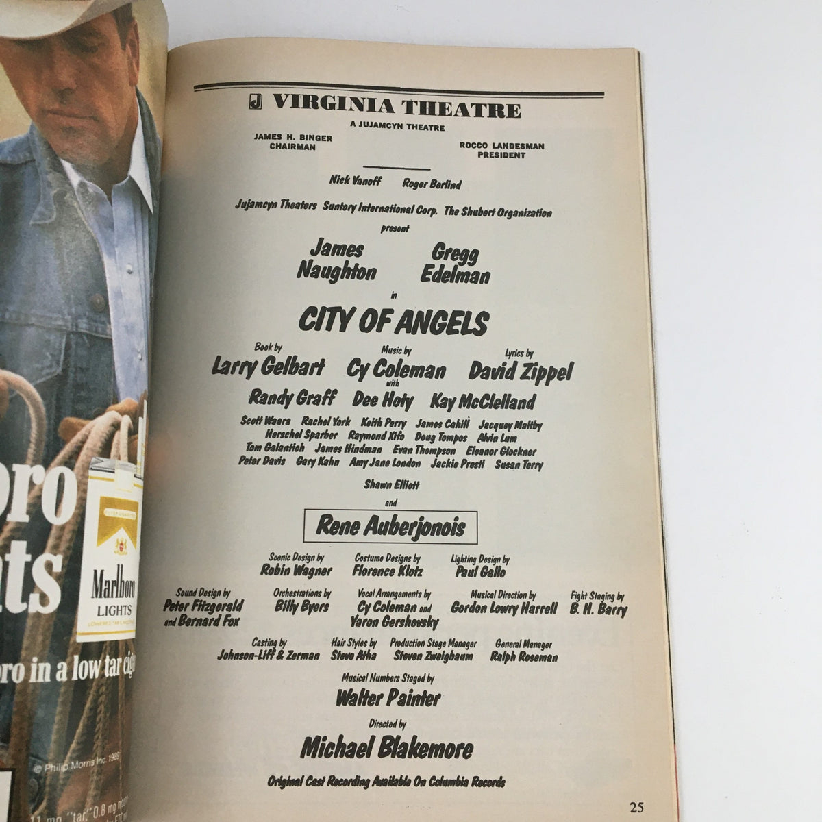 Inside view of the 1990 Playbill for City of Angels at the Virginia Theatre, showcasing the cast and crew, including Michael Blakemore as director.