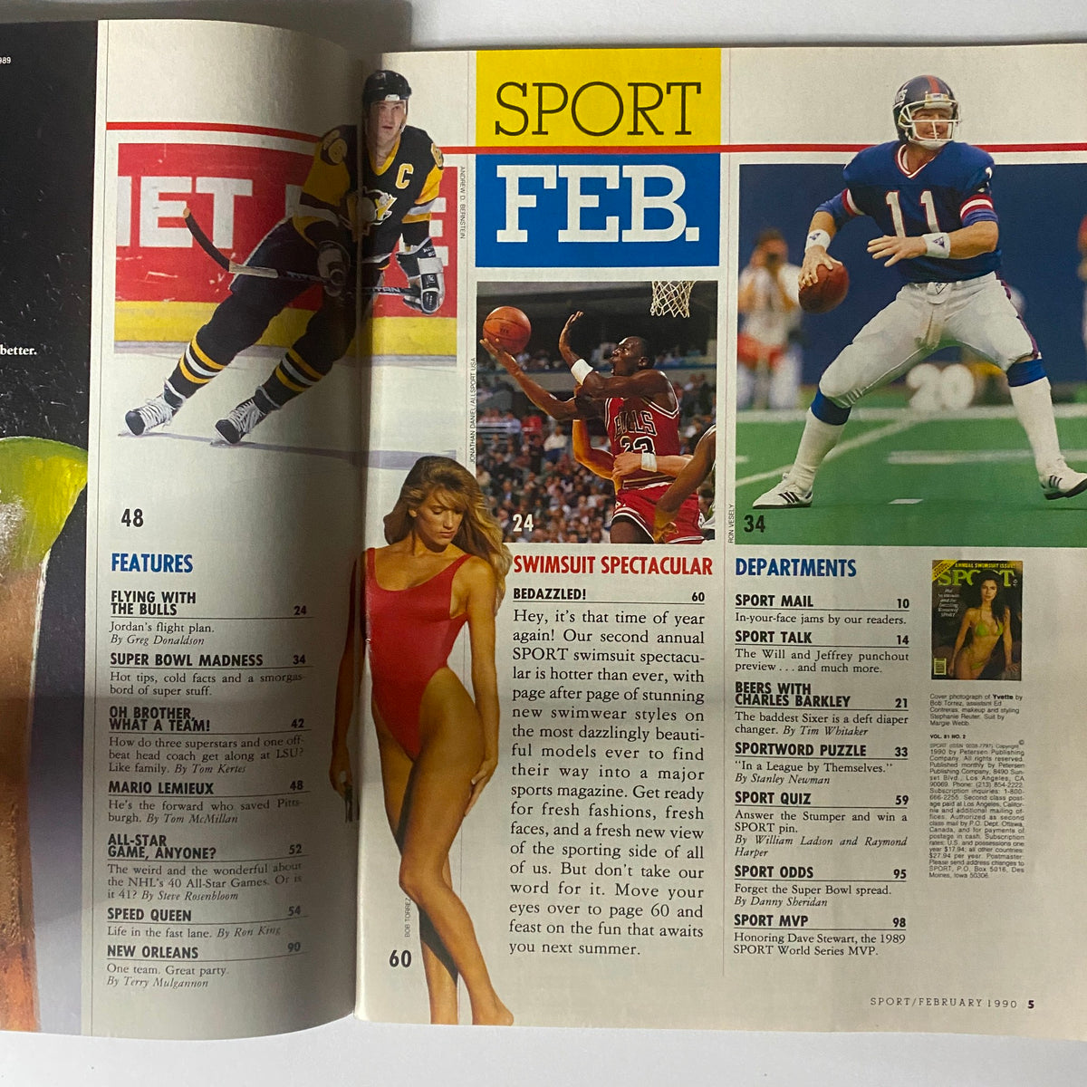 Sport Magazine February 1990 Vol 81 No. 2 featuring Yvette Nelson, showcasing articles about sports, swimsuit spectacular, and highlighted sports personalities from the early 90s.