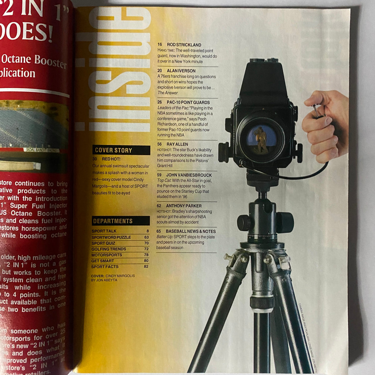 Inside spread of Sport Magazine March 1997 revealing the table of contents, including articles on sports personalities and cover story about Cindy Margolis.
