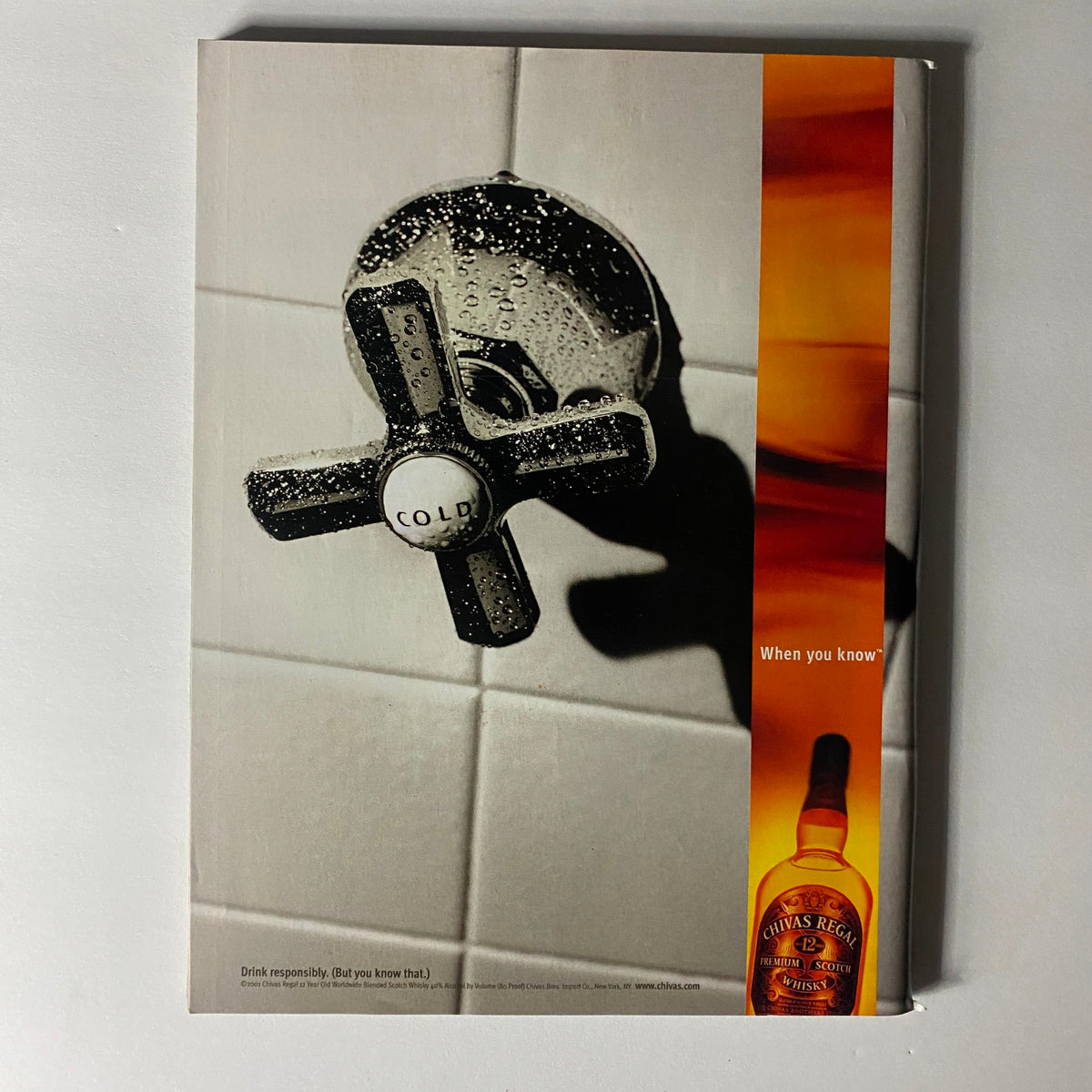 Back cover of Sports Illustrated Magazine Winter 2001 displaying a faucet and a Chivas Regal advertisement, conveying an artistic approach to vintage magazine marketing.