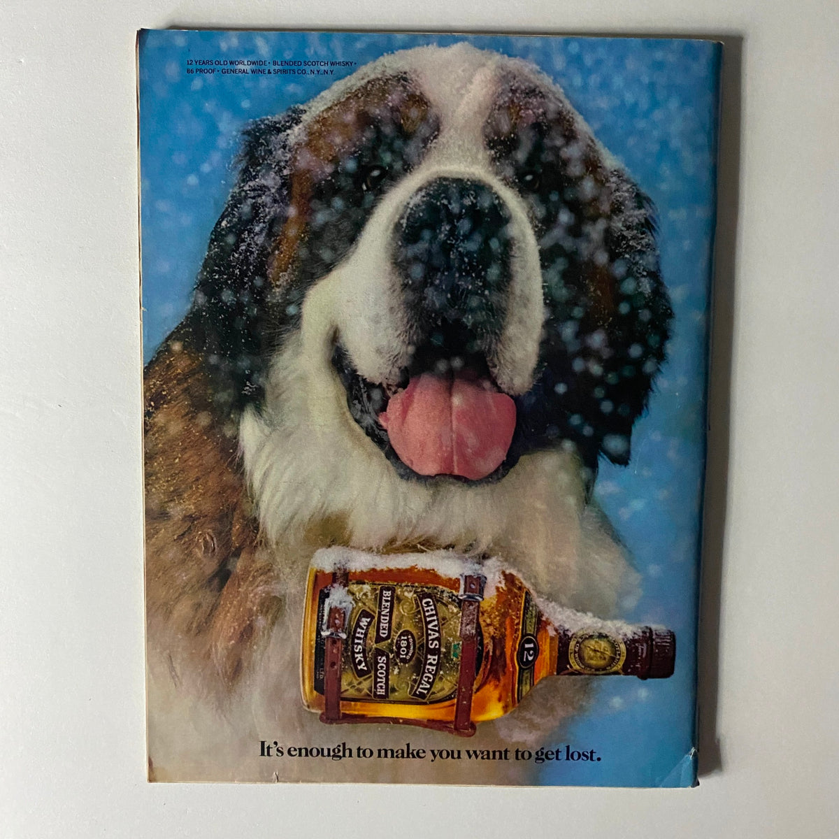 Back cover of the vintage Sports Illustrated magazine from February 13, 1984, featuring a Saint Bernard dog with snow on its fur and a Chivas Regal whiskey bottle, evoking a nostalgic feel for collectors.