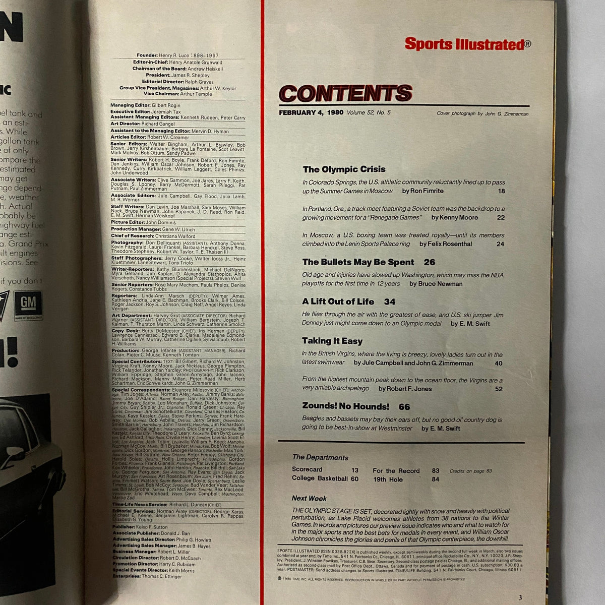 Contents page of the Sports Illustrated Magazine dated February 4, 1980, showcasing articles and features, including topics like the Olympic Crisis and sports highlights. This page is part of a vintage magazine featuring Christie Brinkley on the cover.