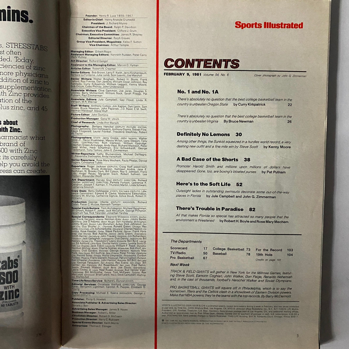 Contents page of the Sports Illustrated magazine from February 9, 1981, detailing featured articles, including insights into college basketball and popular culture.