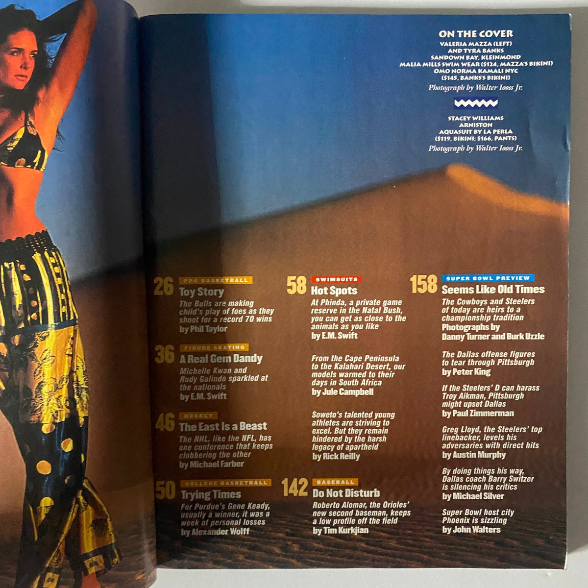 Inside page of Sports Illustrated Magazine January 29, 1996 highlighting the content with articles including Toy Story and Hot Spots, featuring the iconic modeling duo Valeria Mazza and Tyra Banks.