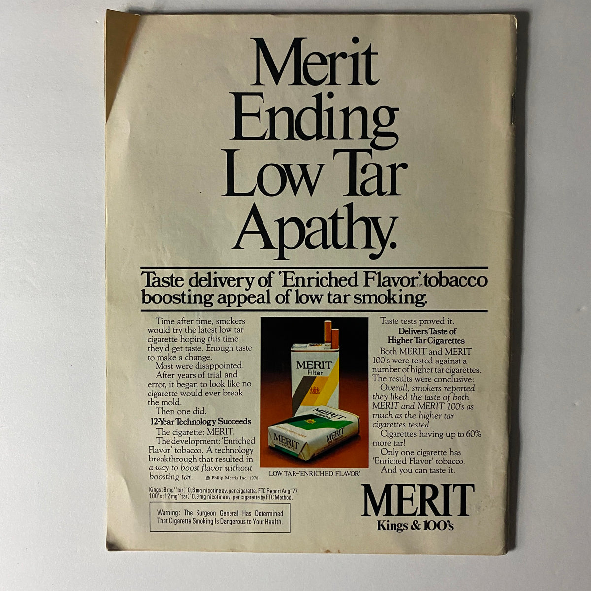 Vintage advertisement for Merit cigarettes featuring the slogan 'Ending Low Tar Apathy'. The ad highlights the taste delivery of 'Enriched Flavor' tobacco, promoting the appeal of low tar smoking with images and descriptions of the product.