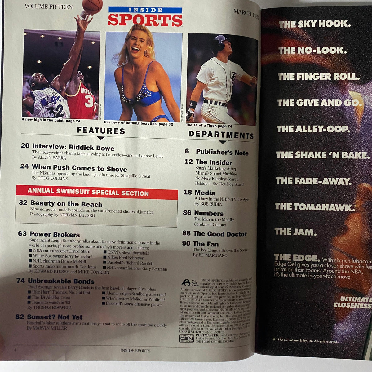Inside pages of Inside Sports Magazine, March 1993 showcasing articles and features including an interview with Riddick Bowe and the Annual Swimsuit Special section.