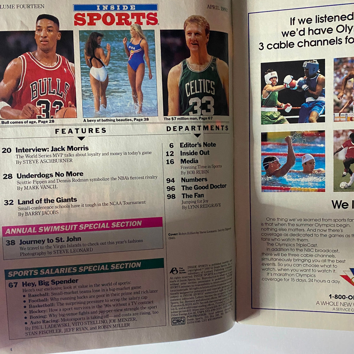 Interior spread of the Inside Sports Magazine April 1992 showcasing articles and features, including highlights on sports events and the annual swimsuit special section.
