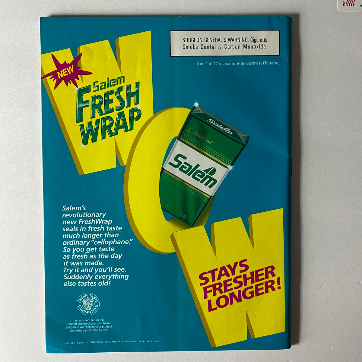 Vintage advertisement for Salem Fresh Wrap, featured in the Inside Sports Magazine April 1992, emphasizing its freshness and longevity.