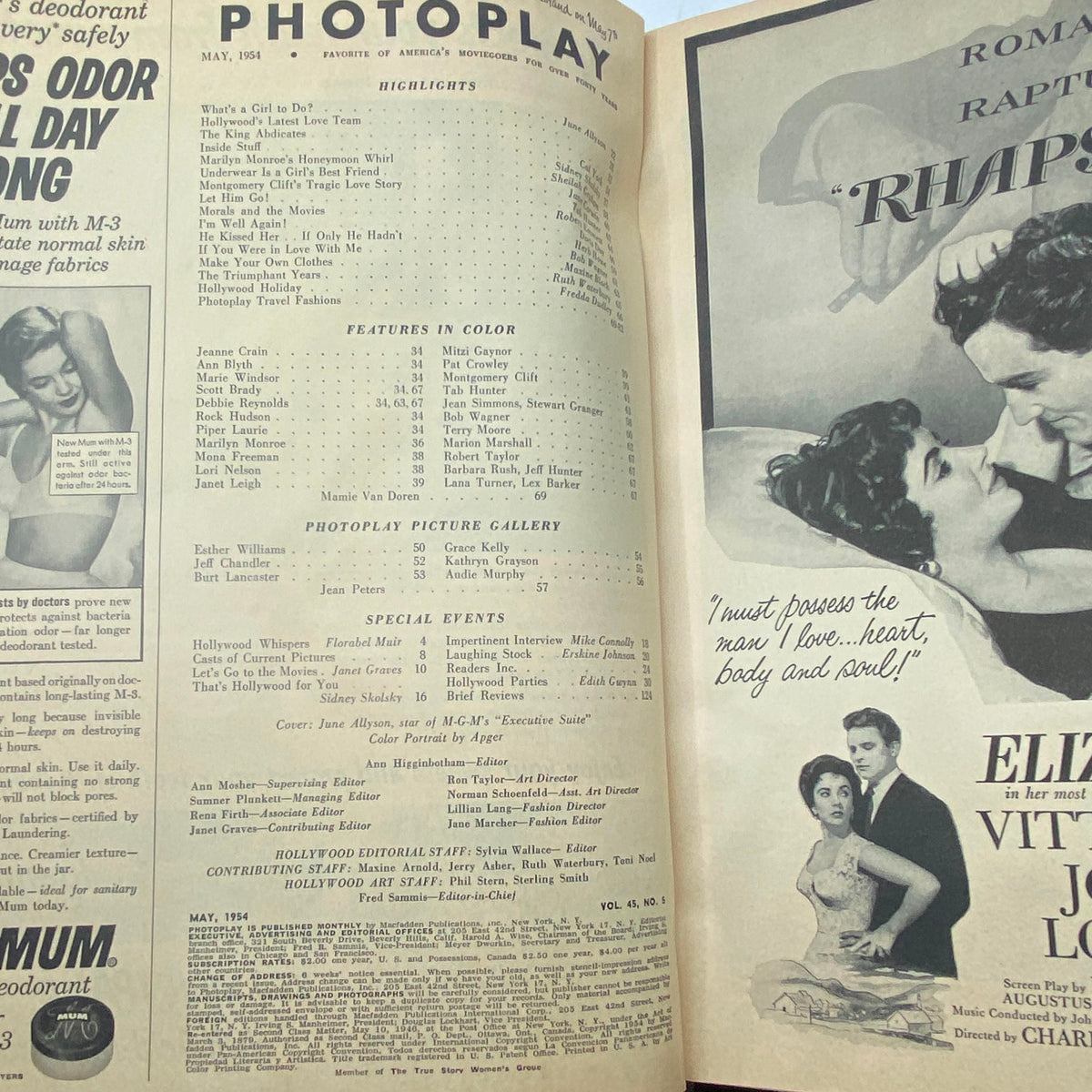 Inside spread of VTG Photoplay Magazine May 1954 displaying the highlights and features including June Allyson, part of the golden age of cinema.