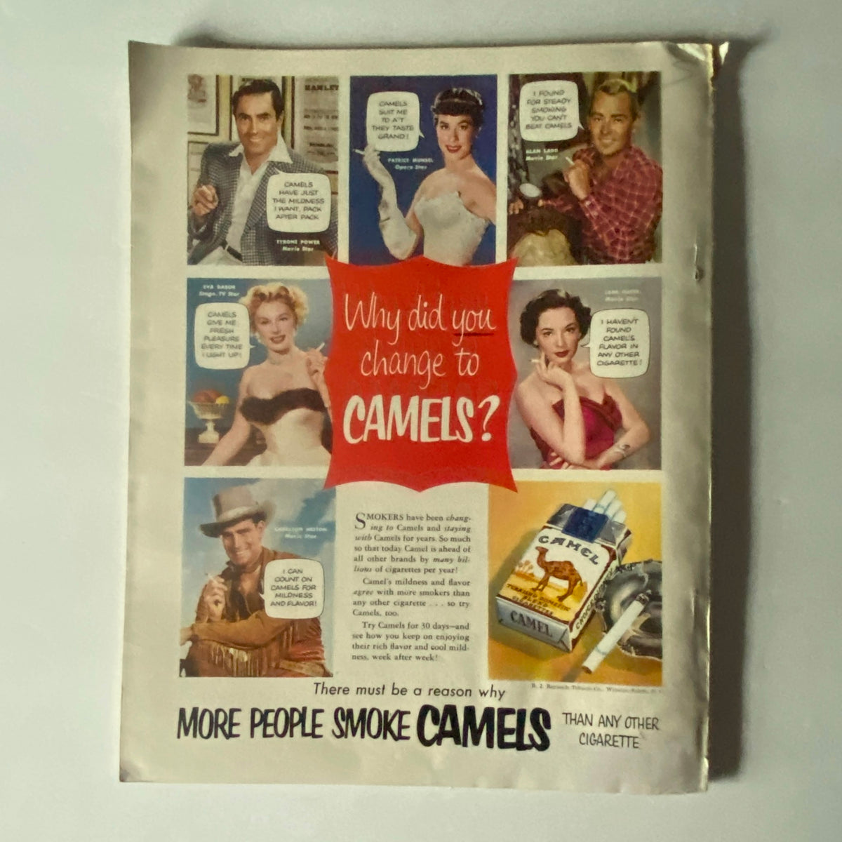 VTG Photoplay Magazine August 1953 featuring a cigarette advertisement with the slogan 'Why did you change to CAMELS?' showcasing various celebrities endorsing Camels cigarettes.
