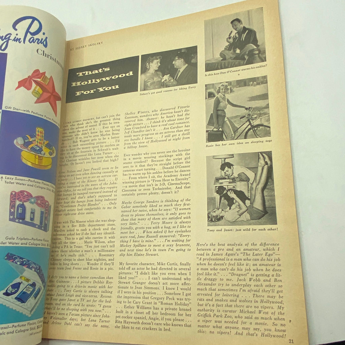 Another interior spread from VTG Photoplay Magazine December 1953 Vol 44 No. 6 showcasing articles and images of iconic Hollywood moments and celebrities.
