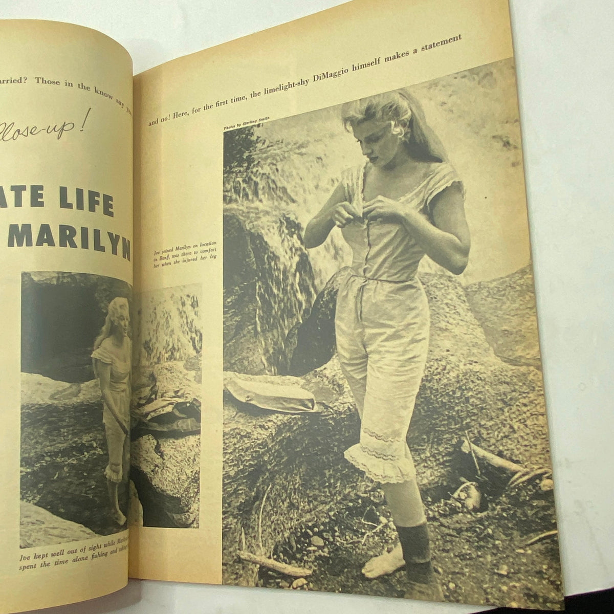 Interior page of VTG Photoplay Magazine December 1953 featuring an article focused on Marilyn Monroe's life with black and white photographs, capturing the essence of 1950s Hollywood.