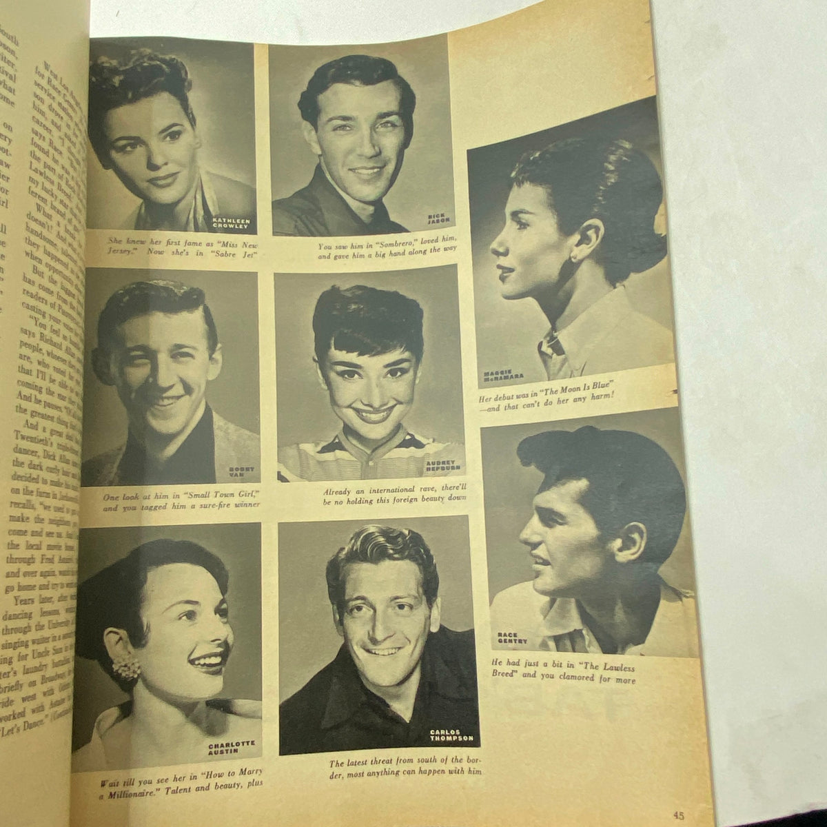 Celebrity portrait page from VTG Photoplay Magazine December 1953 showcasing various actors and actresses of the era including Audrey Hepburn and others, highlighting the glamour of classic cinema.