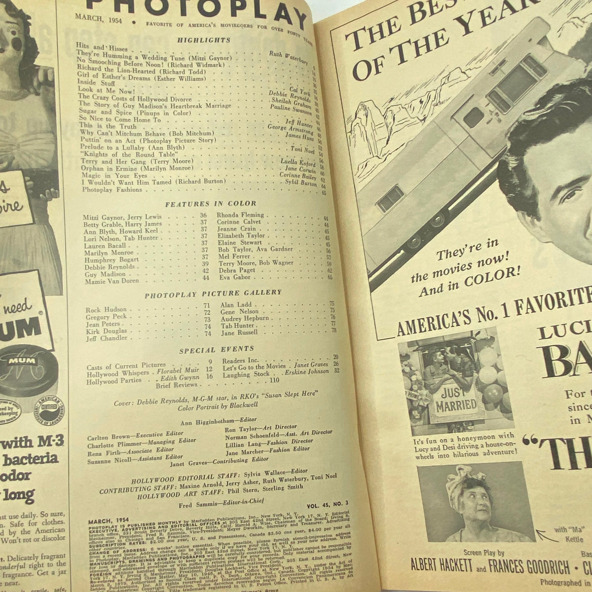 Interior page of the VTG Photoplay Magazine from March 1954 featuring highlights and contents. Includes articles on iconic stars of the era, reflecting the glamour of classic Hollywood.