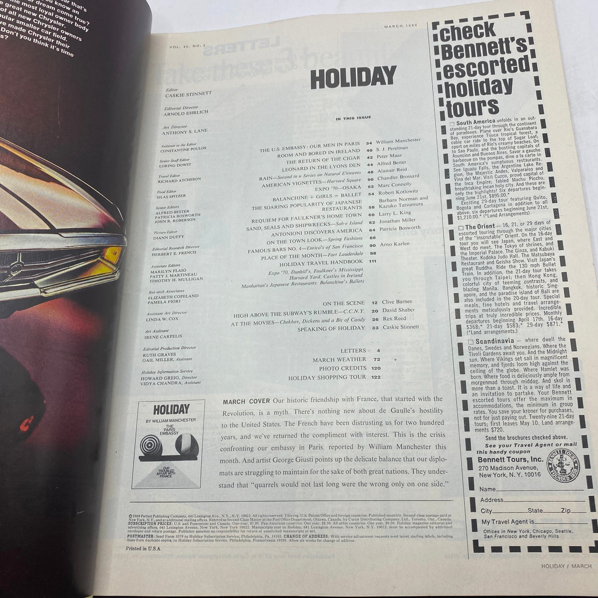 Interior page of the VTG Holiday Magazine, March 1969, Volume 45, No. 3, displaying the contents and articles including a feature on the Paris Embassy and a focus on the historic ties between France and the United States.
