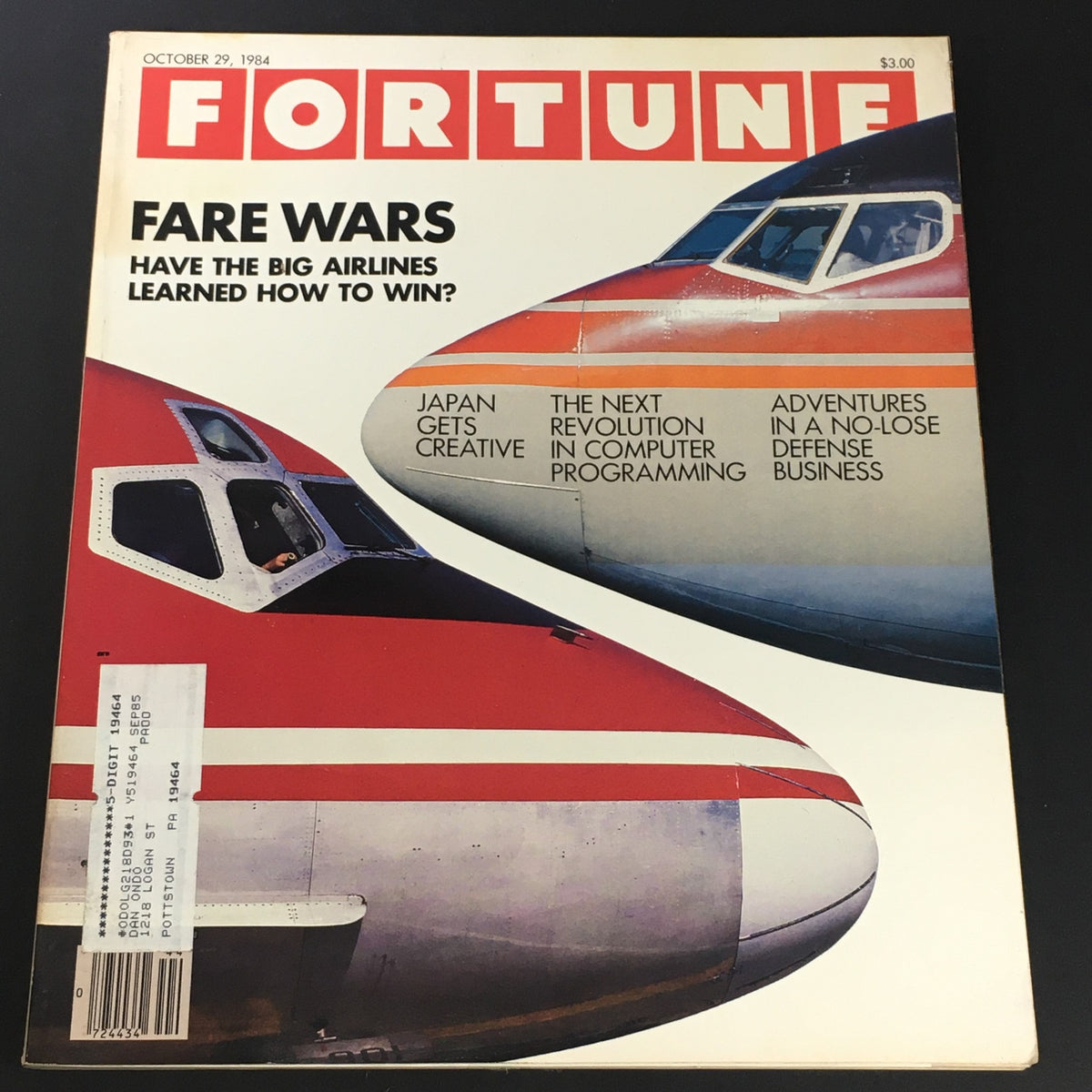 Cover of Fortune Magazine from October 29, 1984, featuring the title 'Fare Wars' with highlights on Japan's creativity and advancements in the aviation and technology sectors.