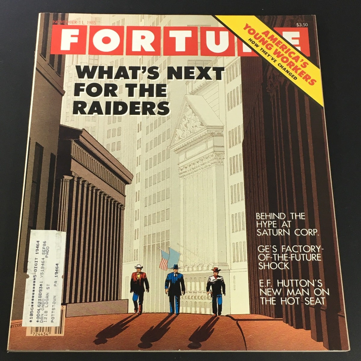 Fortune Magazine cover, November 11, 1985, featuring the headline 'Behind the Hype at Saturn Corporation,' showcasing a stylized illustration with three men walking towards a cityscape.